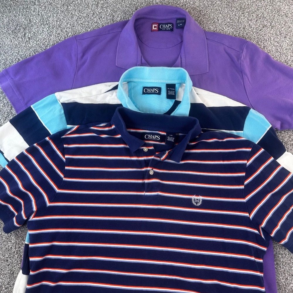 3- Chaps Polo Shirts Mens L & XL Purple Navy Striped Cotton Pique Golf READ